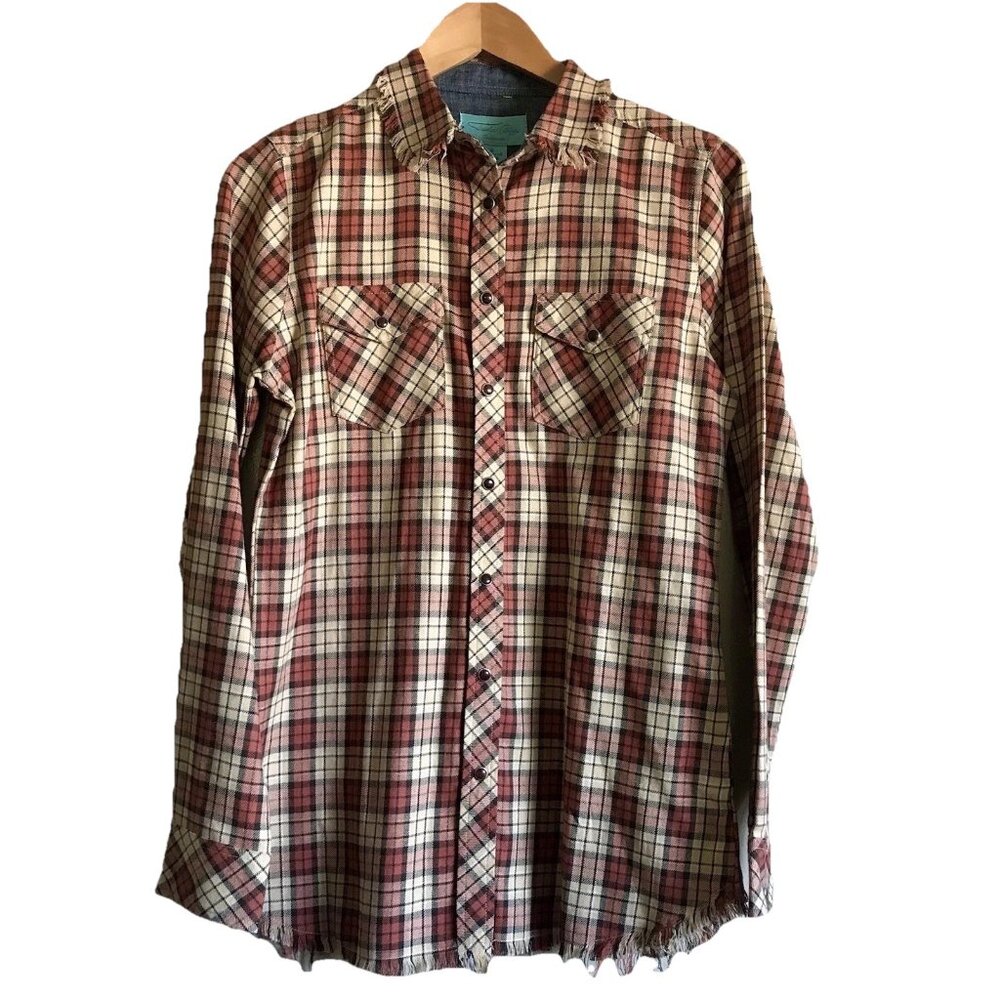 Tasha Polizzi Women’s Glen More Pearl Snap Frayed‎ Button Down Shirt Size Small
